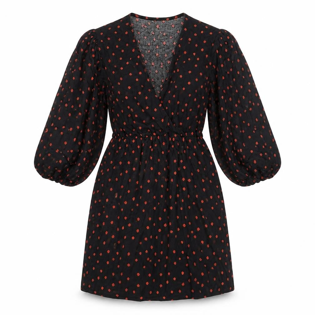 Glamours Womens Black Polka Dot Cotton Fit & Flare Size 12 V-Neck Pullover