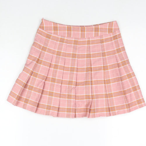 Fashion Womens Pink Check Polyester Pleated Skirt Size XS Zip