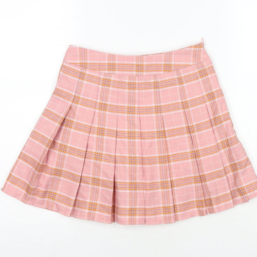 Fashion Womens Pink Check Polyester Pleated Skirt Size XS Zip