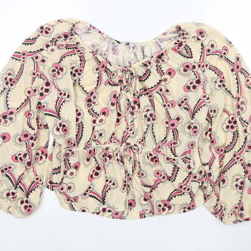 NEXT Womens Beige Floral Polyester Basic Blouse Size 14 V-Neck