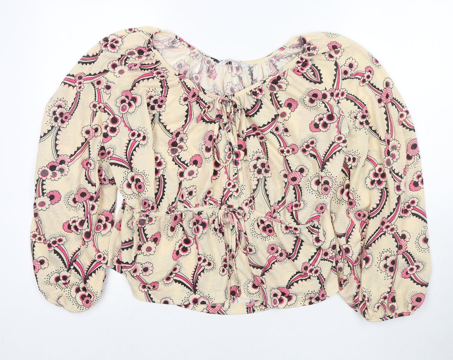 NEXT Womens Beige Floral Polyester Basic Blouse Size 14 V-Neck