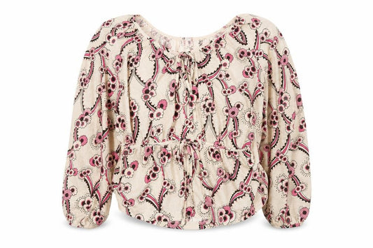 Front view of Next women’s beige floral polyester basic blouse, size UK 14, v-neck
