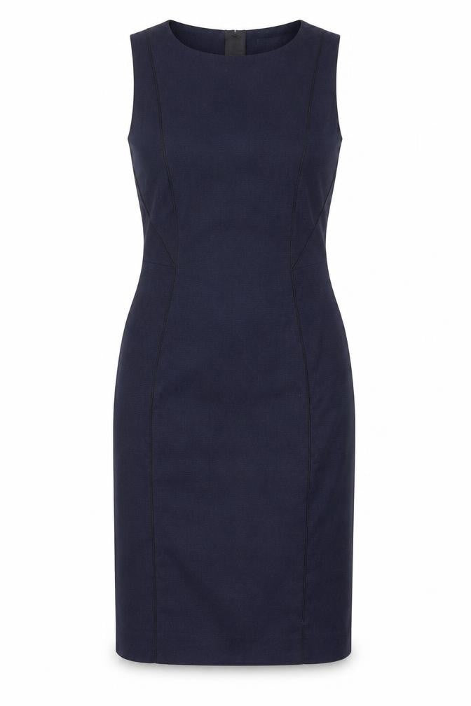 Front view of H&M women’s blue polyester a-line, size UK 6, round neck zip