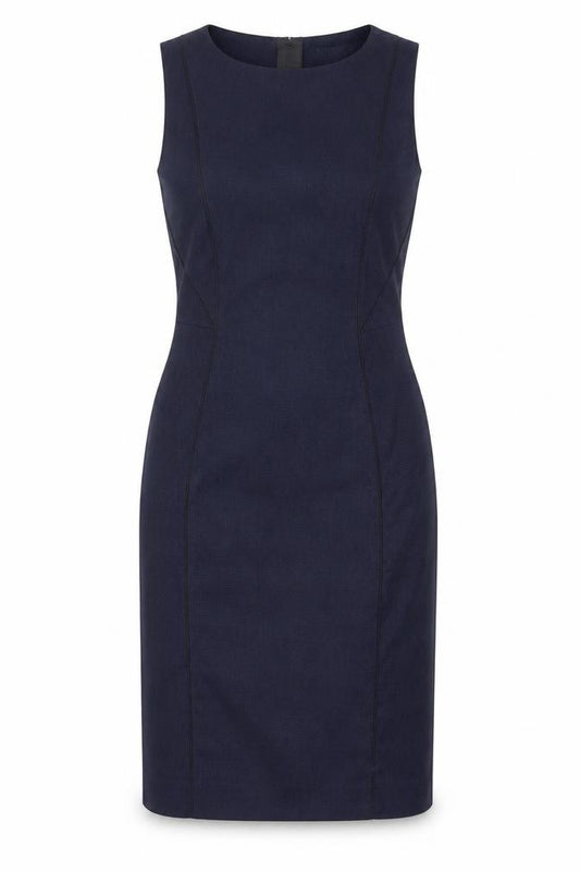 Front view of H&M women’s blue polyester a-line, size UK 6, round neck zip