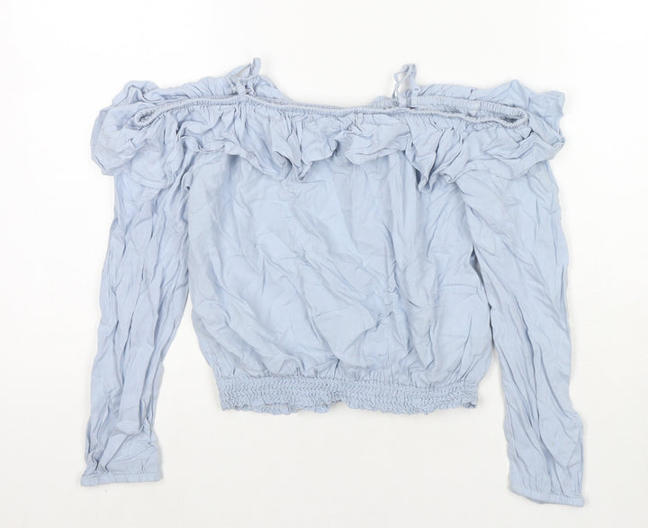 H&M Girls Blue Viscose Basic T-Shirt Size 11 Years Off the Shoulder Pullover
