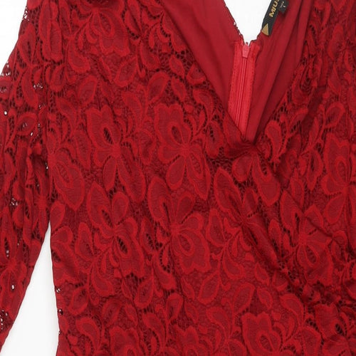 Musol Womens Red Polyester A-Line Size L V-Neck Zip