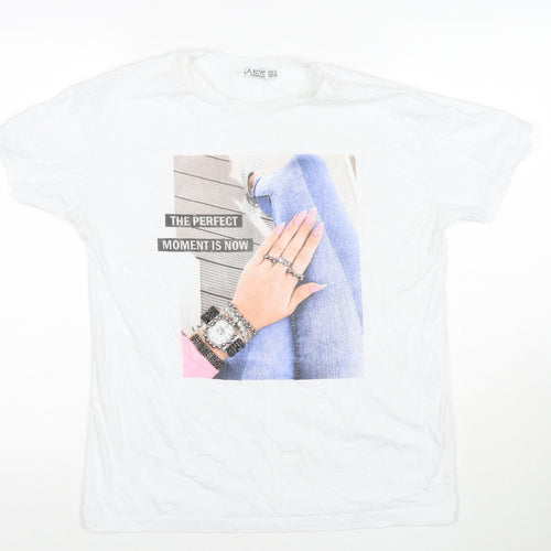 Larita Womens White Polyester Basic T-Shirt Size M Round Neck - Jeweled Detail Fashion Nails Lady