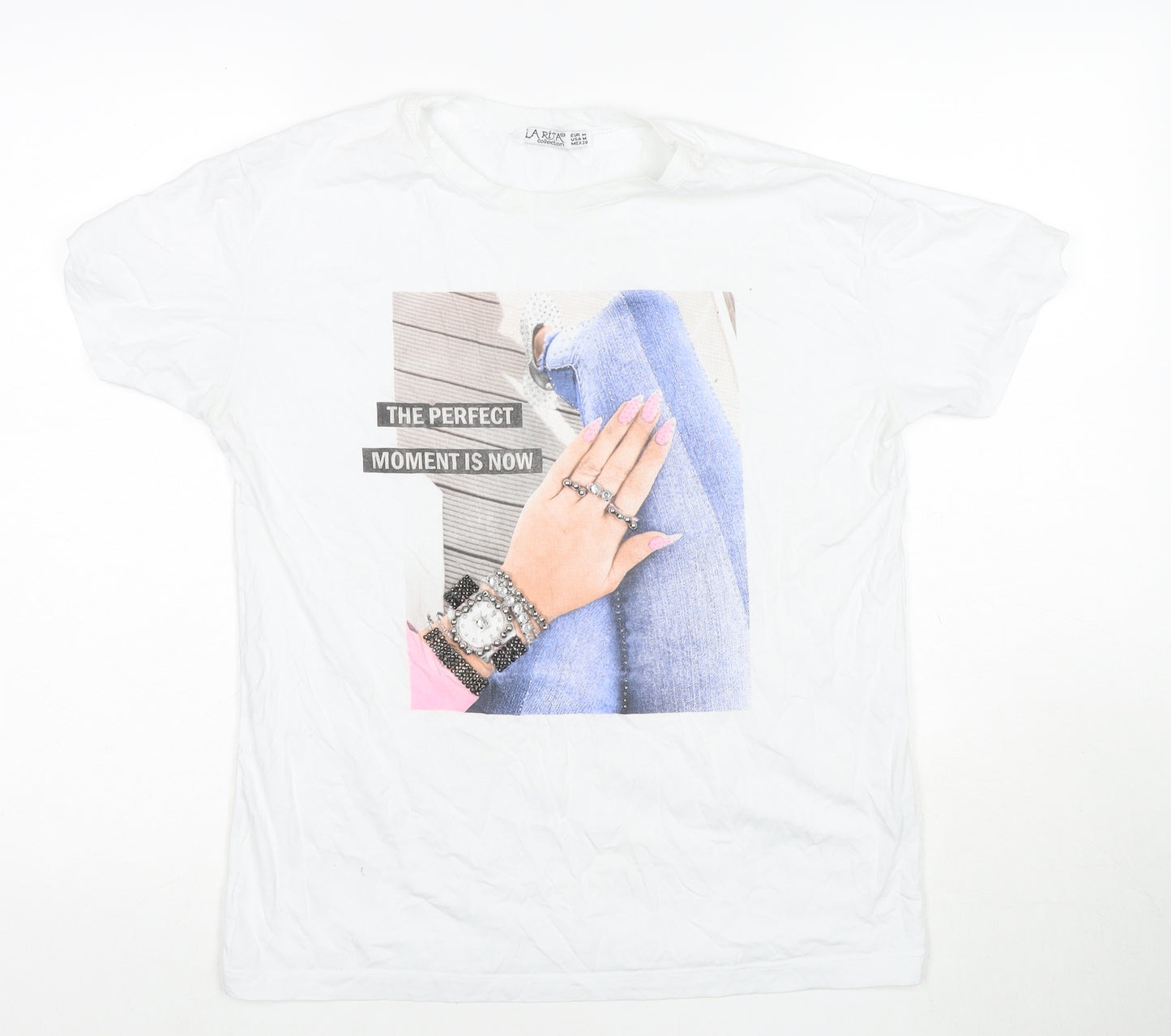 Larita Womens White Polyester Basic T-Shirt Size M Round Neck - Jeweled Detail Fashion Nails Lady