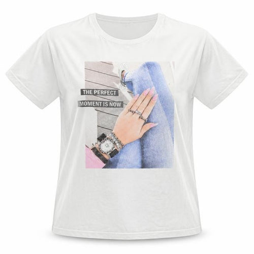 Larita Womens White Polyester Basic T-Shirt Size M Round Neck - Jeweled Detail Fashion Nails Lady