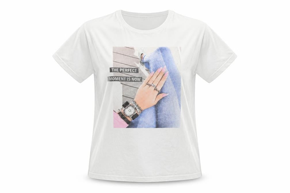 Larita Womens White Polyester Basic T-Shirt Size M Round Neck - Jeweled Detail Fashion Nails Lady