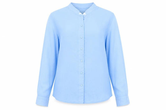 Front view of H&M women’s blue polyester basic button-up, size UK 6, collared