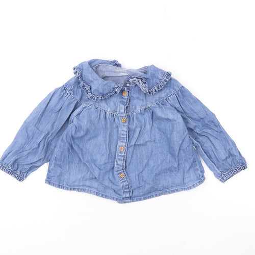 Denim & Co. Girls Blue Cotton Basic Button-Up Size 9-12 Months Collared Button