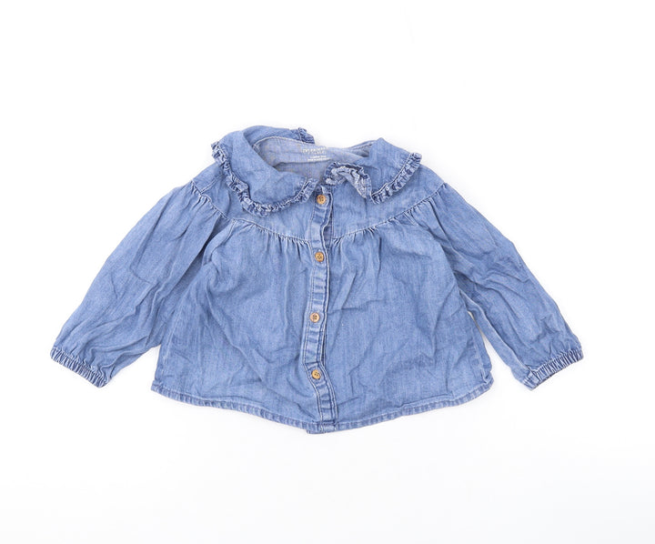 Denim & Co. Girls Blue Cotton Basic Button-Up Size 9-12 Months Collared Button