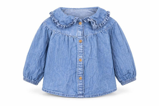 Front view of Denim & Co. girls’ blue cotton basic button-up, size 9-12, months collared button