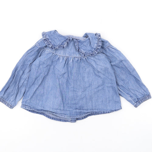 Denim & Co. Girls Blue Cotton Basic Button-Up Size 9-12 Months Collared Button