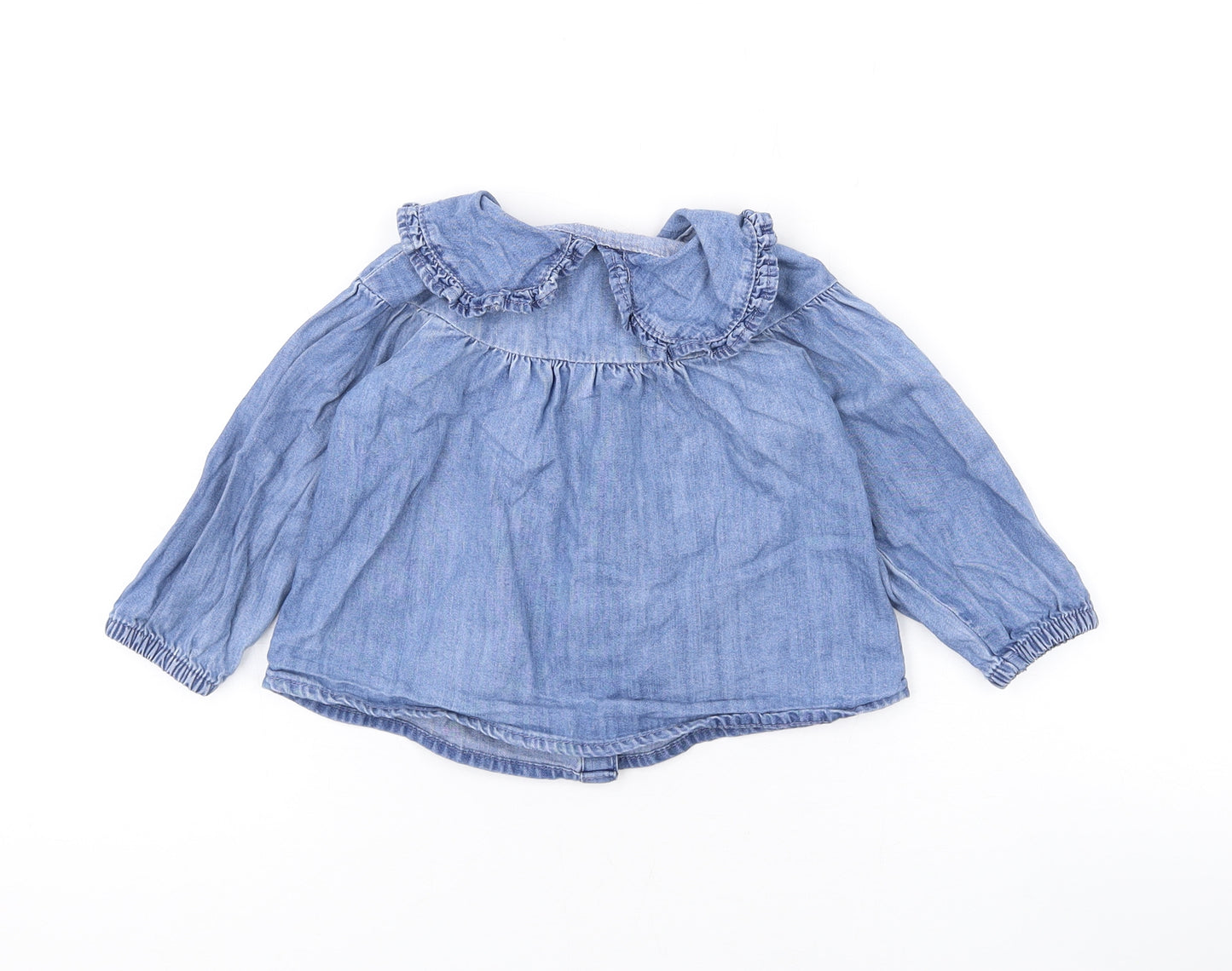 Denim & Co. Girls Blue Cotton Basic Button-Up Size 9-12 Months Collared Button