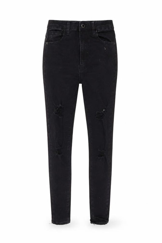 Front view of PRETTYLITTLETHING women’s black cotton skinny jeans, size UK 8, 25-inch leg regular zip