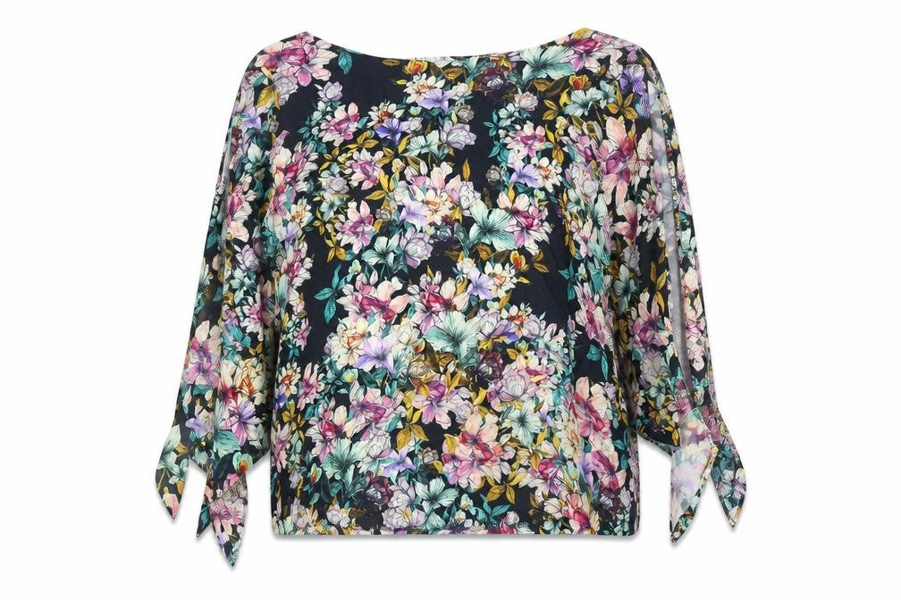 Front view of H&M women’s black floral viscose basic blouse, size UK 10, round neck