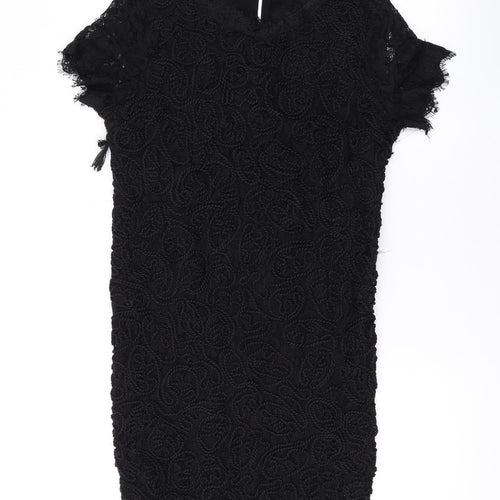 Zara Womens Black Viscose T-Shirt Dress Size M Round Neck Button - Lace