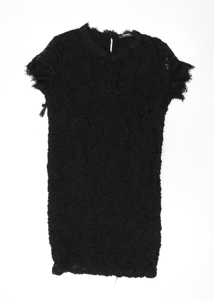 Zara Womens Black Viscose T-Shirt Dress Size M Round Neck Button - Lace