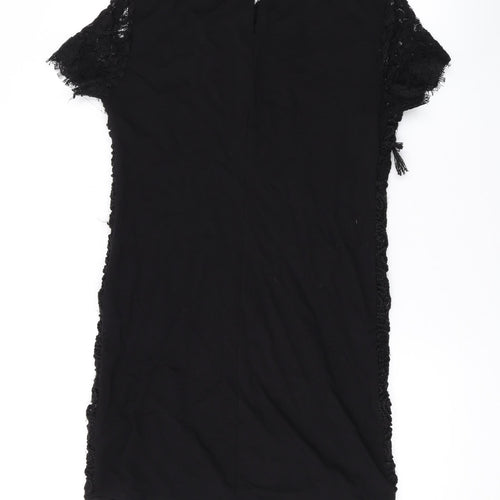 Zara Womens Black Viscose T-Shirt Dress Size M Round Neck Button - Lace