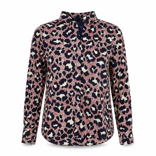Front view of Topshop women’s red animal print polyester basic button-up, size UK 10, collared