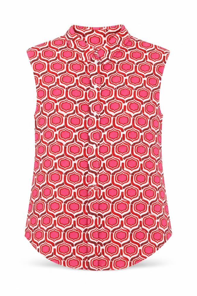 Front view of Mango women’s pink geometric polyester basic blouse, size M, collared