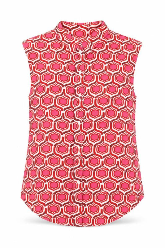 Front view of Mango women’s pink geometric polyester basic blouse, size M, collared