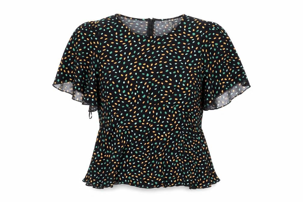 Front view of Girl in Mind women’s black geometric polyester basic blouse, size UK 14, round neck