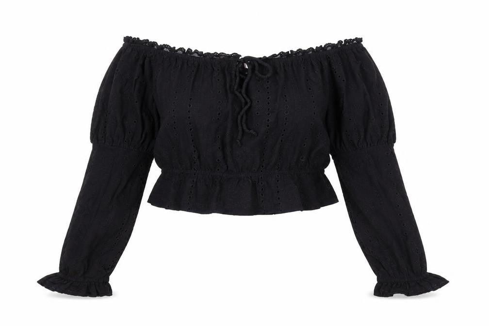 Front view of ASOS women’s black cotton basic blouse, size UK 14, off the shoulder
