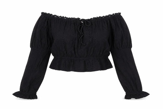 Front view of ASOS women’s black cotton basic blouse, size UK 14, off the shoulder