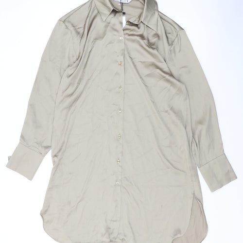 Zara Womens Green Polyester Basic Button-Up Size S Collared