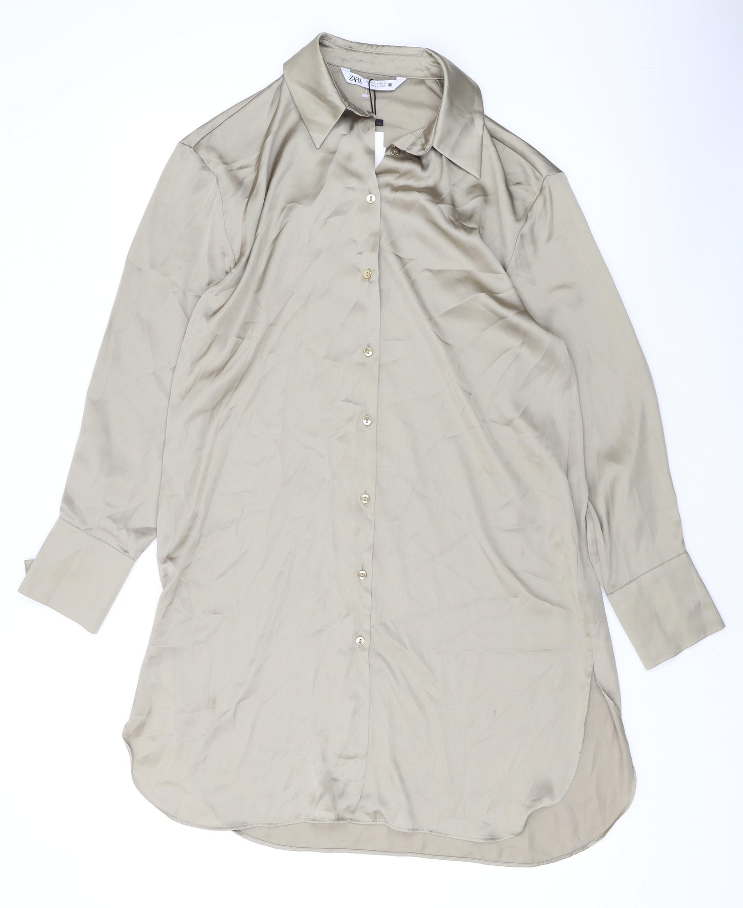 Zara Womens Green Polyester Basic Button-Up Size S Collared