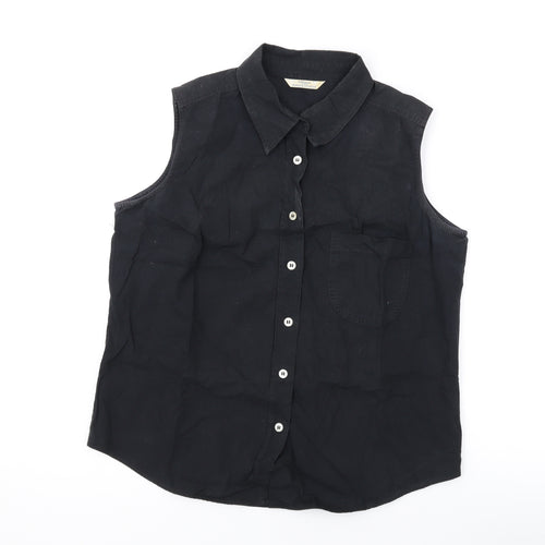 Marks and Spencer Womens Black Cotton Basic Button-Up Size 12 Collared