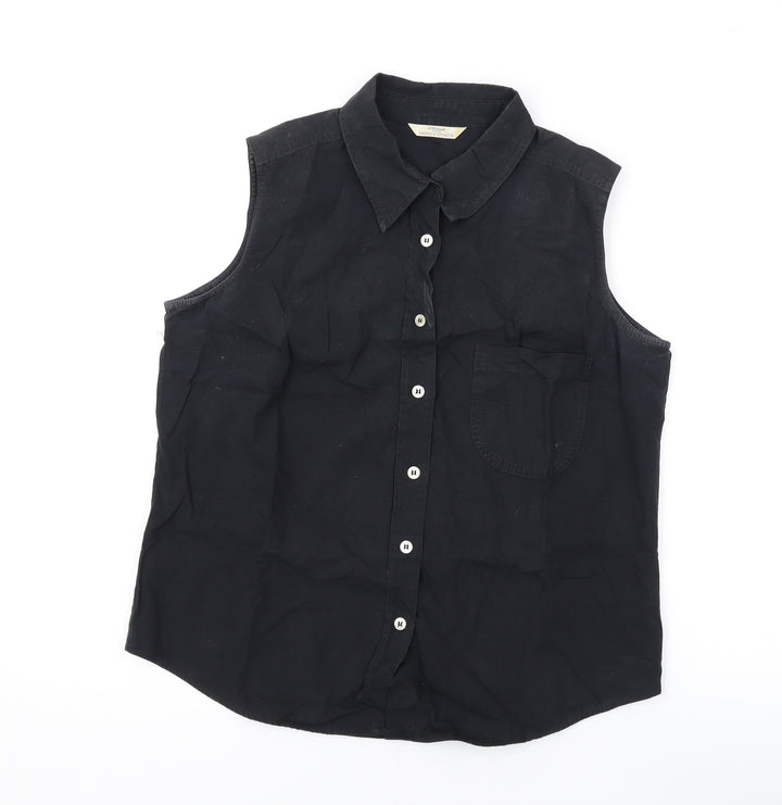 Marks and Spencer Womens Black Cotton Basic Button-Up Size 12 Collared