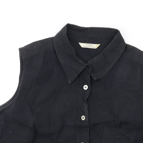 Marks and Spencer Womens Black Cotton Basic Button-Up Size 12 Collared
