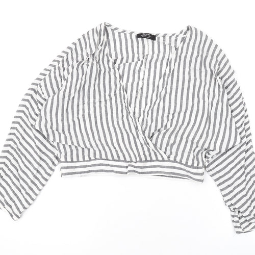 Bershka Womens White Striped Viscose Basic Blouse Size L V-Neck