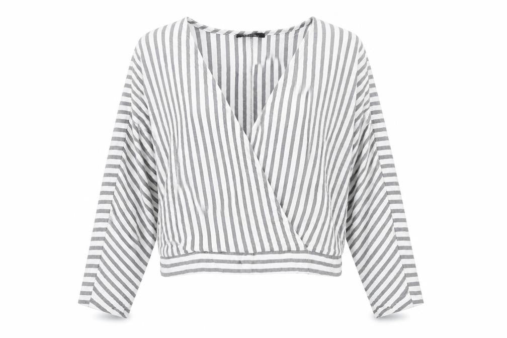 Front view of Bershka women’s white striped viscose basic blouse, size L, v-neck