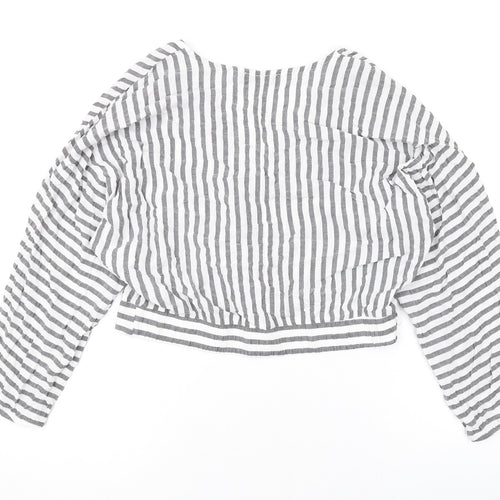 Bershka Womens White Striped Viscose Basic Blouse Size L V-Neck