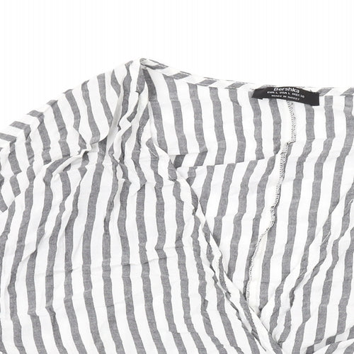 Bershka Womens White Striped Viscose Basic Blouse Size L V-Neck