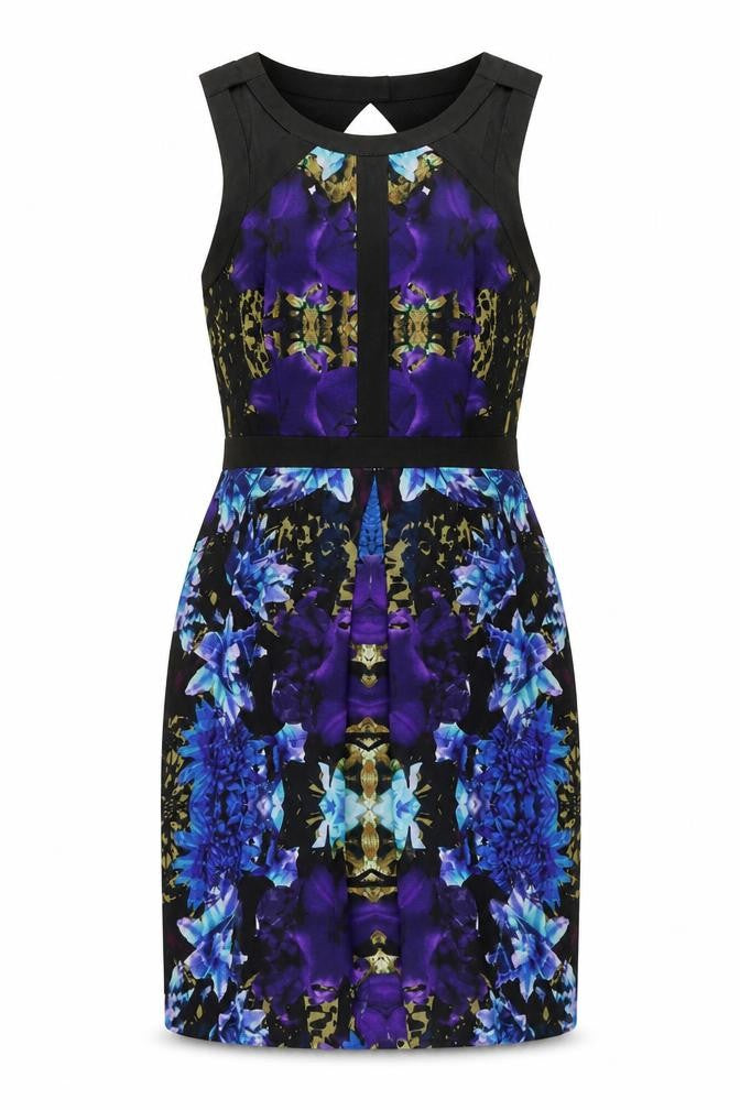 Front view of Limited Edition women’s blue floral polyester a-line, size UK 8, round neck zip