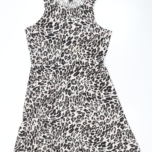 H&M Womens Beige Animal Print Polyester Skater Dress Size L Scoop Neck Pullover