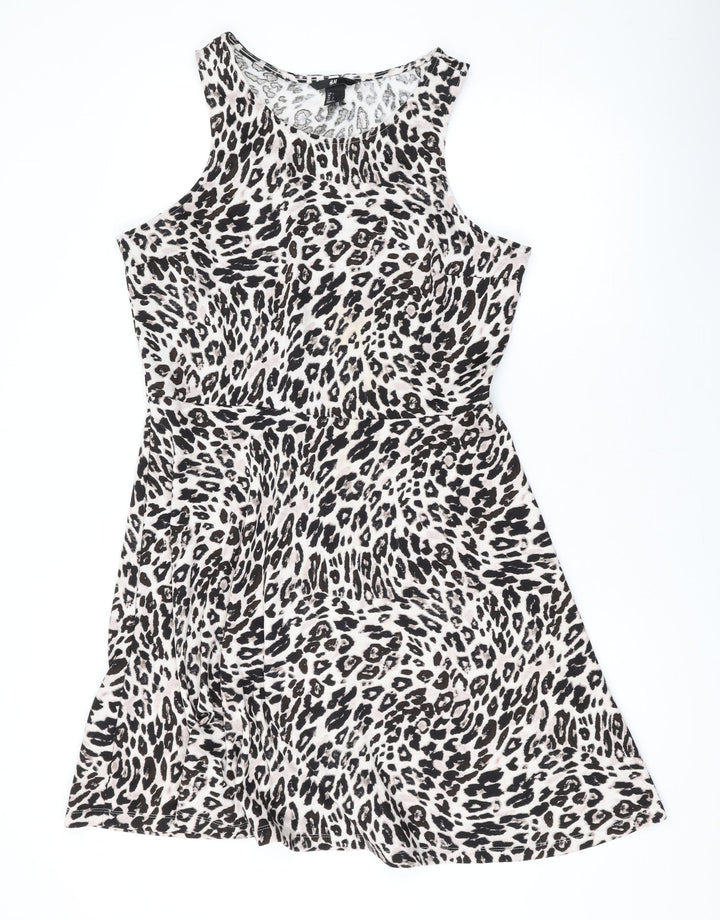 H&M Womens Beige Animal Print Polyester Skater Dress Size L Scoop Neck Pullover