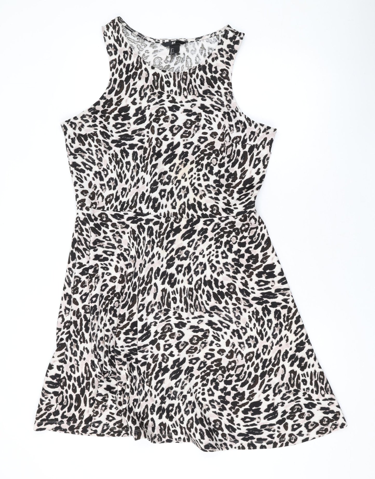 H&M Womens Beige Animal Print Polyester Skater Dress Size L Scoop Neck Pullover