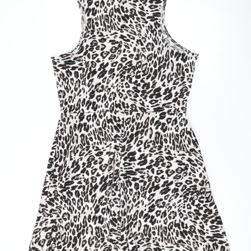 H&M Womens Beige Animal Print Polyester Skater Dress Size L Scoop Neck Pullover