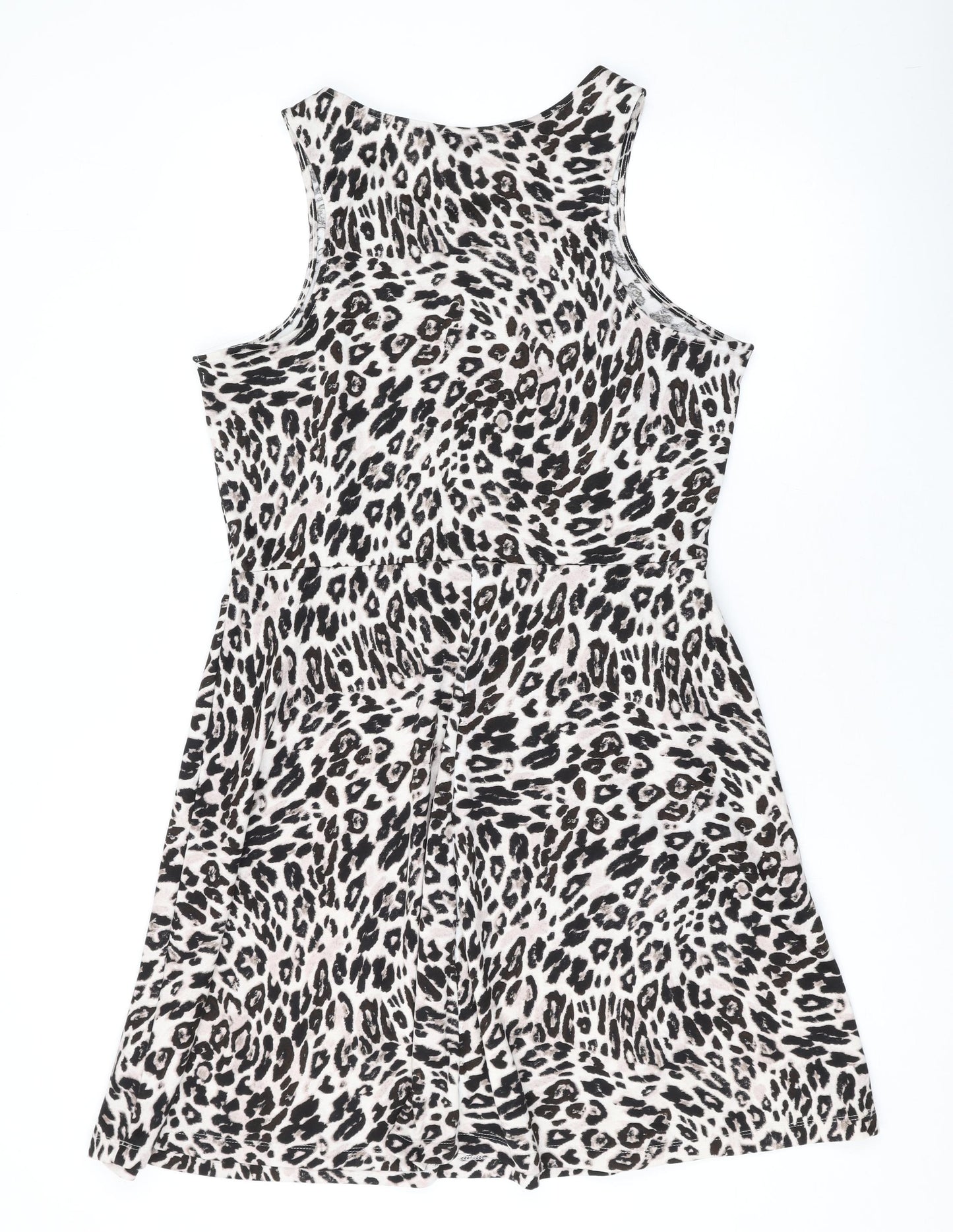 H&M Womens Beige Animal Print Polyester Skater Dress Size L Scoop Neck Pullover