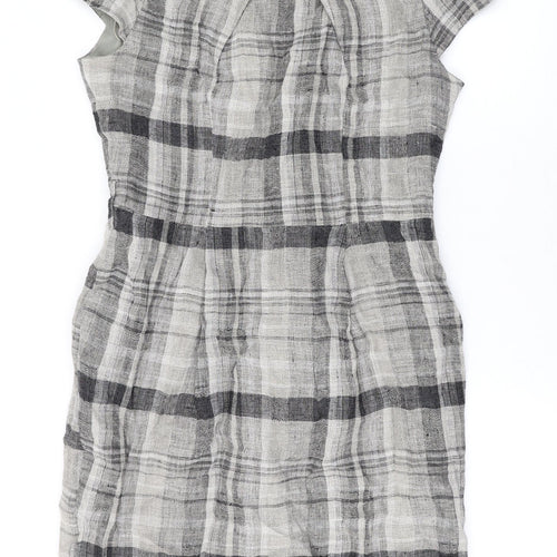 Per Una Womens Brown Plaid Linen Pencil Dress Size 12 Round Neck Zip