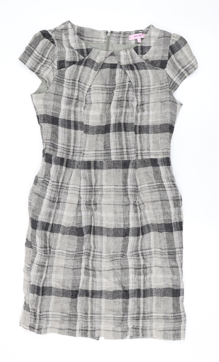 Per Una Womens Brown Plaid Linen Pencil Dress Size 12 Round Neck Zip
