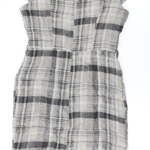 Per Una Womens Brown Plaid Linen Pencil Dress Size 12 Round Neck Zip