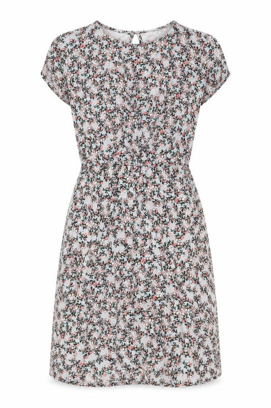Front view of Warehouse women’s grey floral viscose a-line, size UK 8, round neck button